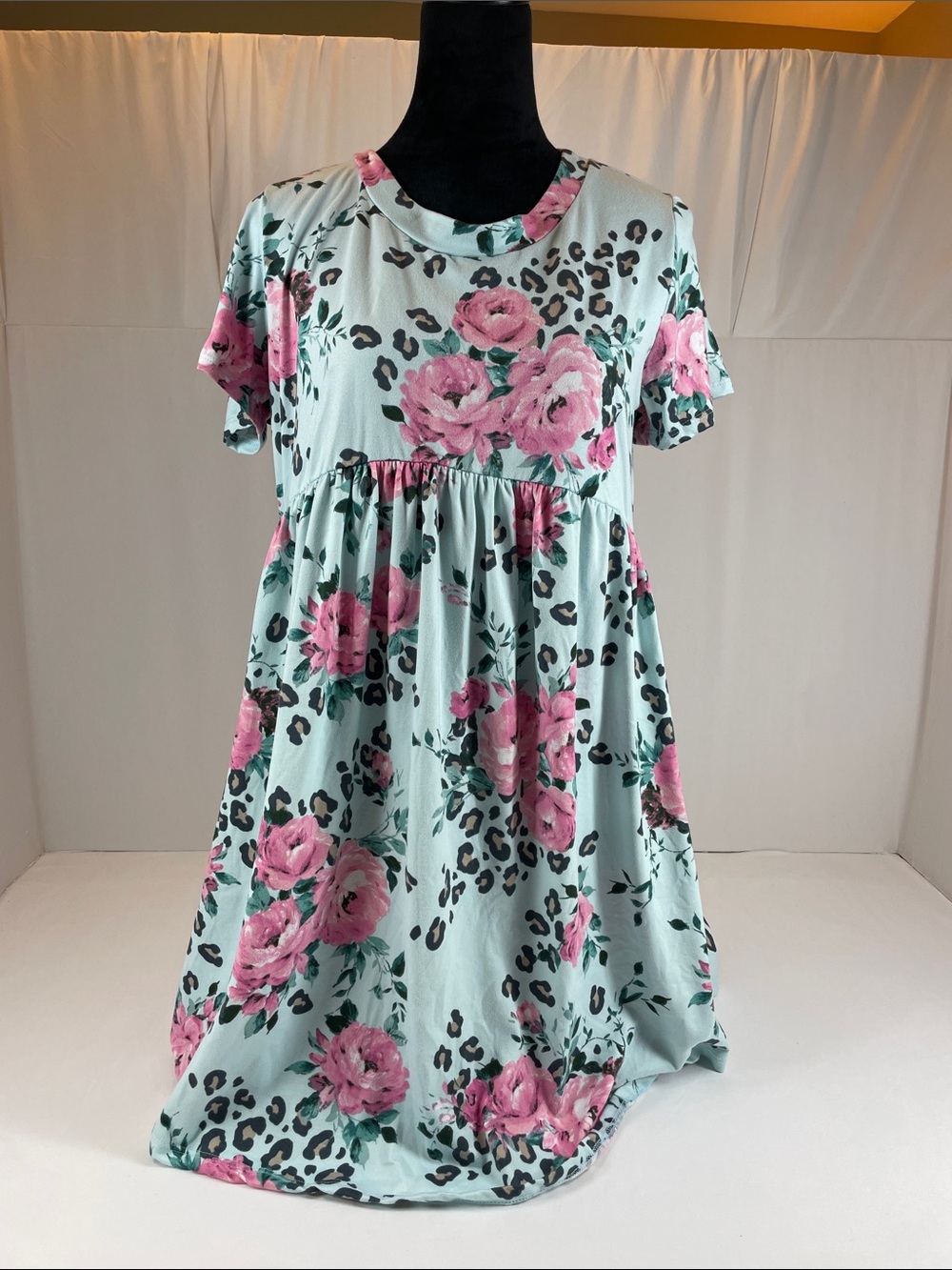 Haptics Mixed Print Dress XL Floral Leopard Pink Blue Boho Babydoll Empire Waist